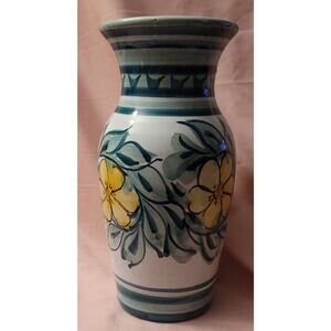 White Hand painted terracotta vase with yellow daisies flowers Portugal